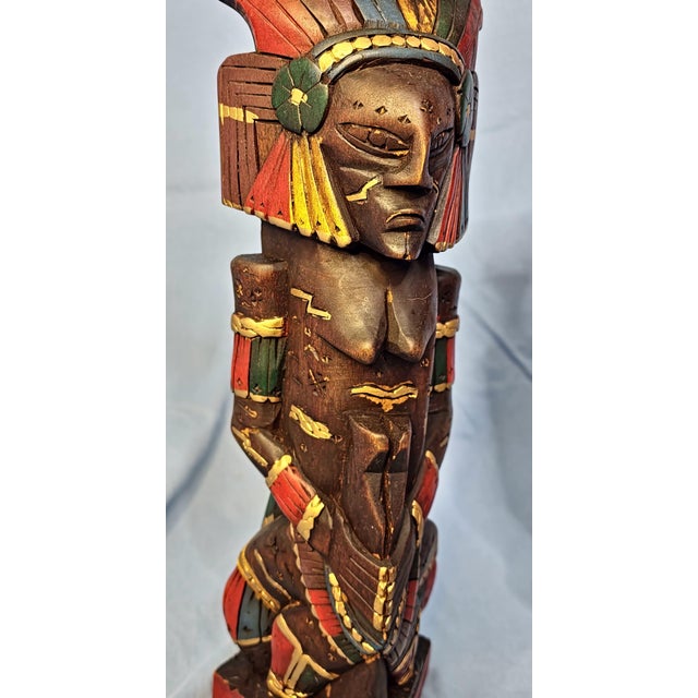 Pair of Mayan Aztec Vintage Totem Sculptures ~ Hand Painted ~ Hand Carved For Sale - Image 4 of 9