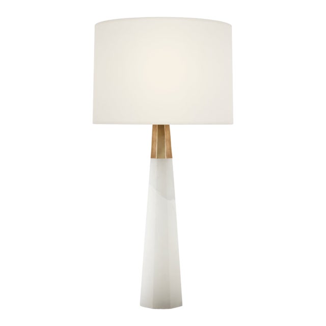 AERIN by Visual Comfort Signature Olsen Cordless Table Lamp in Alabaster with Linen Shade For Sale