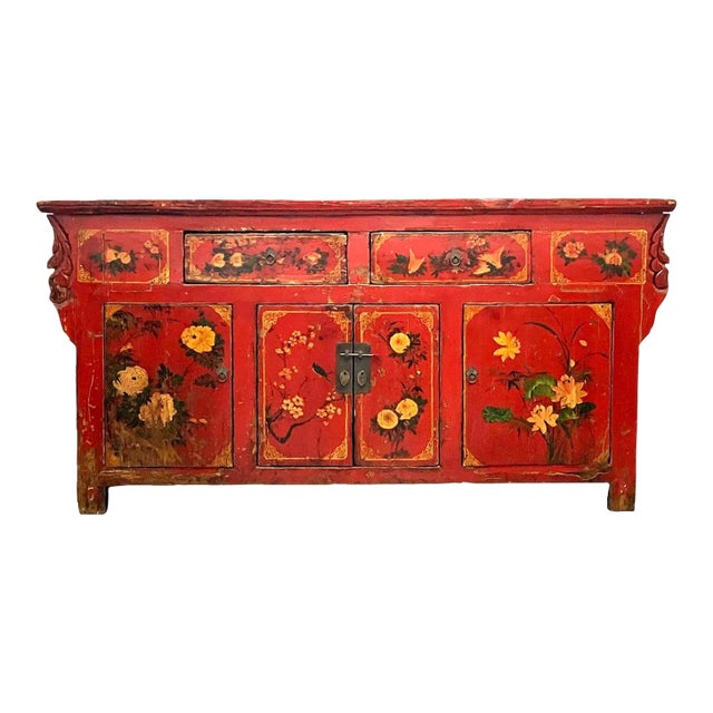 Mid 19th Century Antique Chinese Painted Red Lacquer Wedding Chest Sideboard For Sale