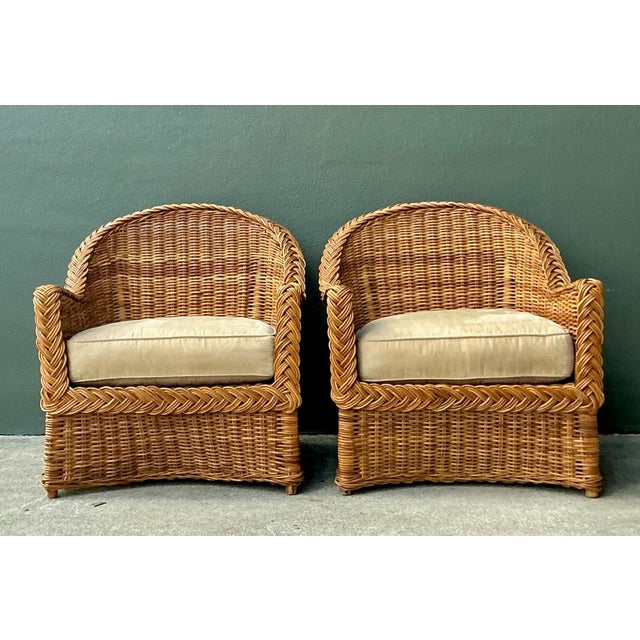 Mid-Century Modern Vintage Braided Rattan Lounge Chairs - Pair For Sale - Image 3 of 18