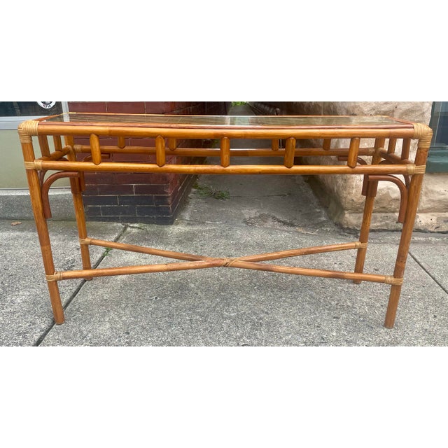 Late 20th Century Coastal Bamboo Sofa Console Table Server Rattan Glass Top For Sale - Image 11 of 12