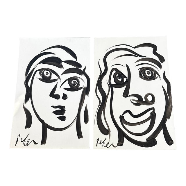 Peter Keil Black and White 20th Century Portrait Paintings, a Pair For Sale