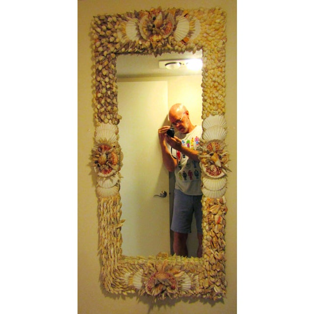 Vintage Coastal Monumental Handmade Shell Wall Mirror Measures approximately 24" wide, 5" deep and 48" tall.