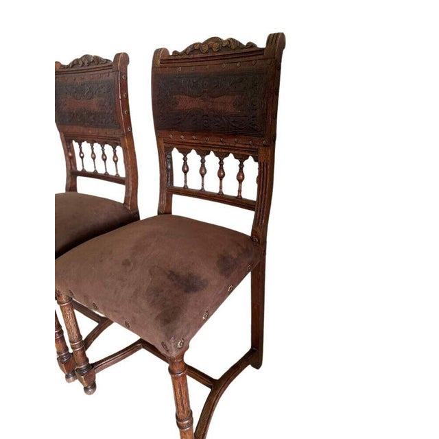 Wood Antique 19th Century French Henry II Style Walnut Dining/Side/Accent Chairs With Suede Upholstery - Set of 2 For Sale - Image 7 of 11
