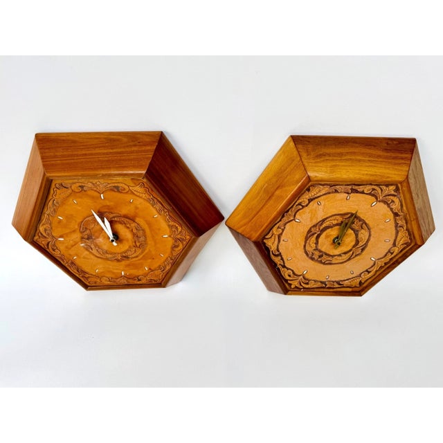 1960's Hexagon Wood & Tooled Leather Wall Clocks – Working Pair For Sale - Image 12 of 16