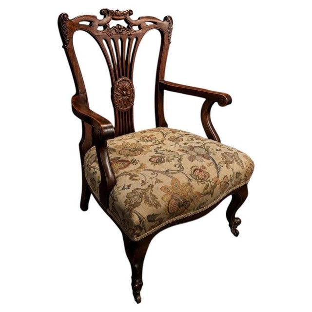 Victorian Carved Mahogany Armchair with Floral Upholstery and Brass Castors For Sale - Image 6 of 6