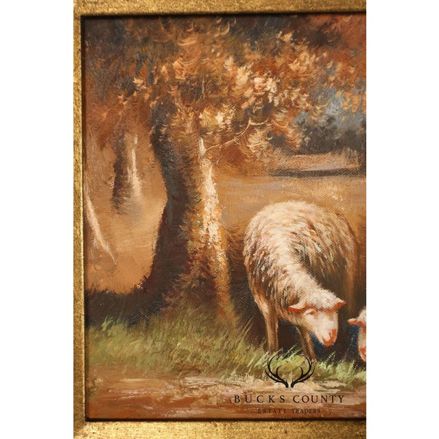 Wood Continental Style Pair of Pastoral Landscape Paintings With Sheep For Sale - Image 7 of 18