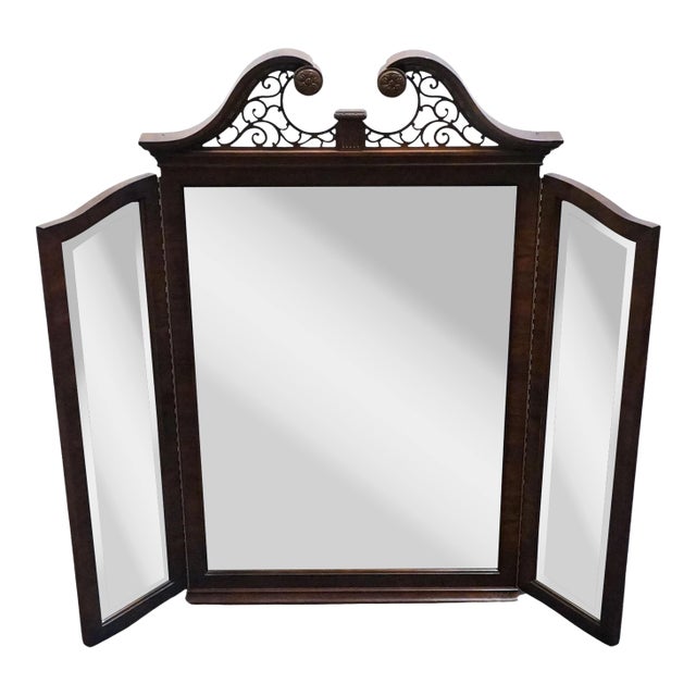 Century Furniture Claridge Collection Solid Mahogany Traditional Style 56" Pierced Pediment Tri-View Mirror For Sale