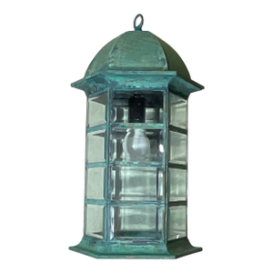 Vintage Solid Brass Hexagonal Hanging Lantern – Verdigris Patina 20”h X 11”w