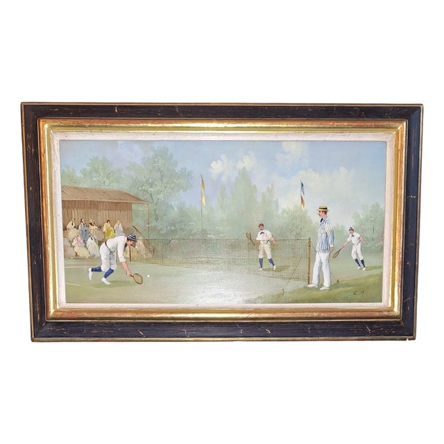 C.M., Tennisspieler aus der Zeit, 1890s, Oil Painting on Copper Plate, Copper & Paint & Spruce For Sale
