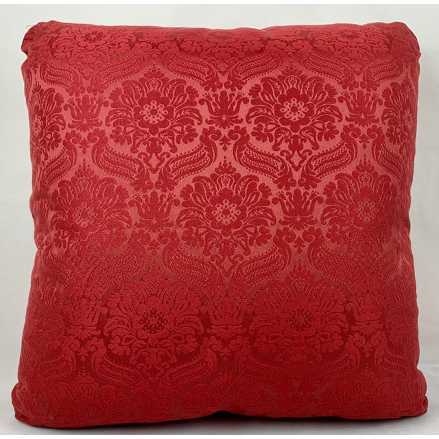 Textile Pair of Antique Hand Stitched Exotic Floral Needlepoint Cushions/Pillows-Red Damask Backing For Sale - Image 7 of 10