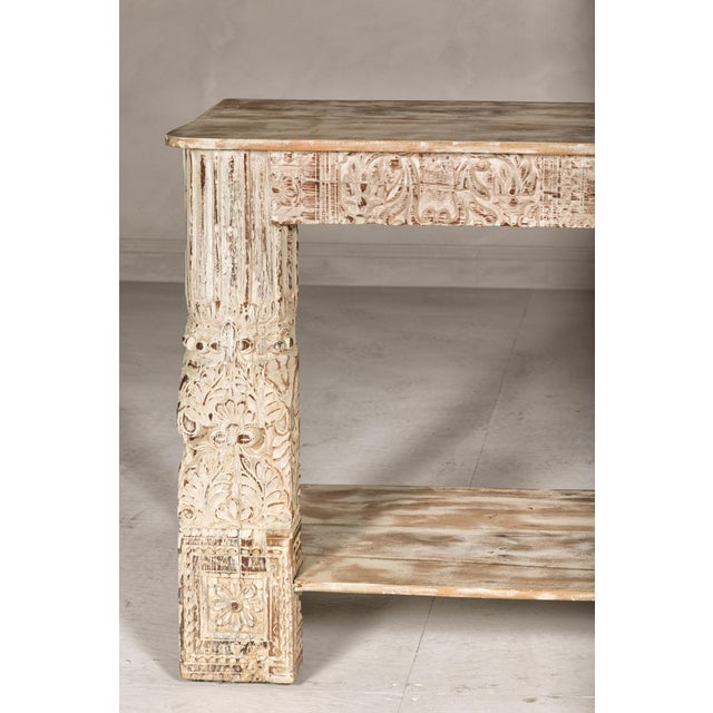 Mughal Style Whitewash Console Table with Carved Apron and Lower Shelf For Sale - Image 10 of 12