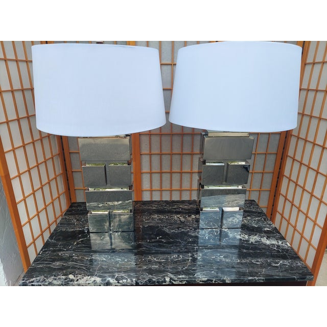Pair of 1980s Chrome Stacked Geometric Table Lamps Possibly in the Style of Curtis Jere For Sale - Image 11 of 12