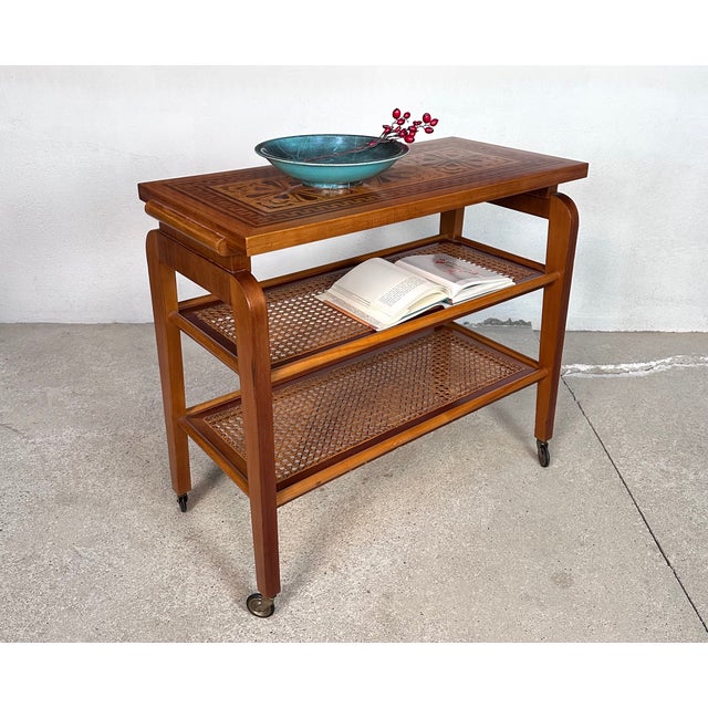 Art Deco Serving Trolley with Wooden Inlays and Rattan Shelves, Germany, 1920s For Sale - Image 17 of 18