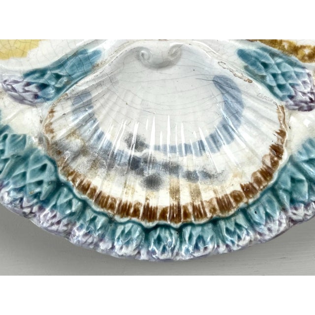 Antique Longchamp Majolica Asparagus Plate: French Barbotine Shell Motif For Sale - Image 15 of 15