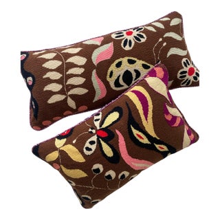Pair of Handmade Lumbar Throw Pillows From Vintage Needlepoint Tapestry Whimsical Butterflies Flowers For Sale
