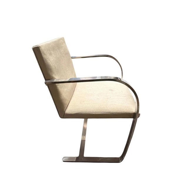 Vintage MCM 1970's Chrome Brno Flatbar Armchair Attributed to Mies Van Der Rohe. Upholstered in Beige Linen. Mid Century...
