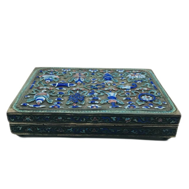 Metal Antique Cantonese Enamel Silver Box With Buddhist Symbols For Sale - Image 7 of 11