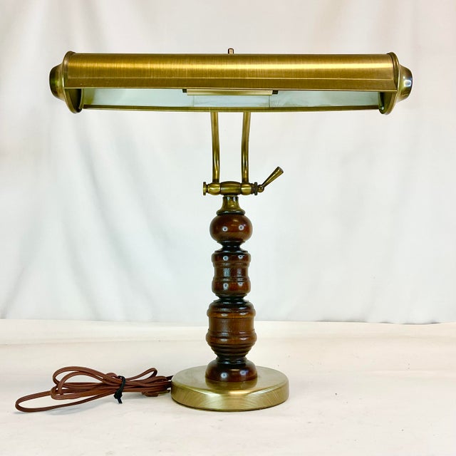 1940s Arts & Crafts Walnut and Brass Desk Lamp, Dual Socket. For Sale - Image 12 of 12
