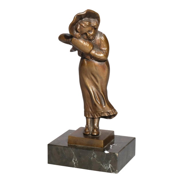 Antique 1910 Figural Bronze Portrait Sculpture of Young Girl For Sale