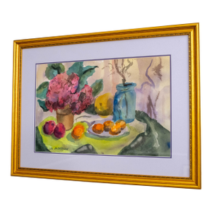 Abstract Still Life Fruit & Flowers Watercolor Painting Signed Les Anderson