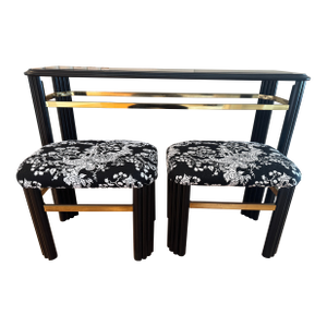 Late 20th Century Post Modern Black Lacquer and Brass Console Table With Chinoiserie Upholstered Nesting Stools