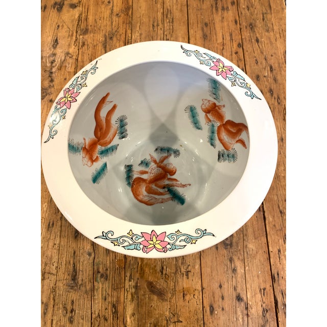 Paint Large Mid-Century Chinese Export Colorful Hand Painted Cranes Flowers Fish Bowl Planter Cachepot For Sale - Image 7 of 12