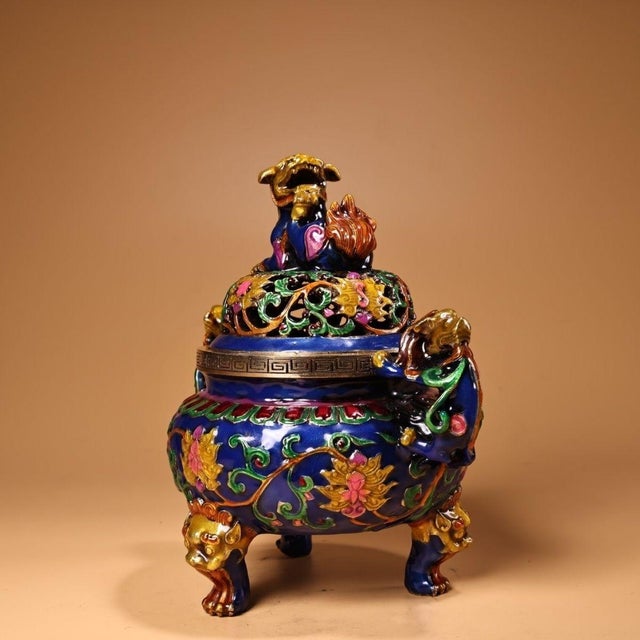 Traditional Late 19th Century Cloisonné Enamel Censer With Lion Finial, 1.3kg For Sale - Image 3 of 9