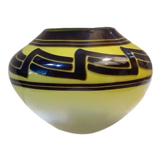 1990s Custom Hand Blown Art Glass Yellow and Black Vessel Vase For Sale