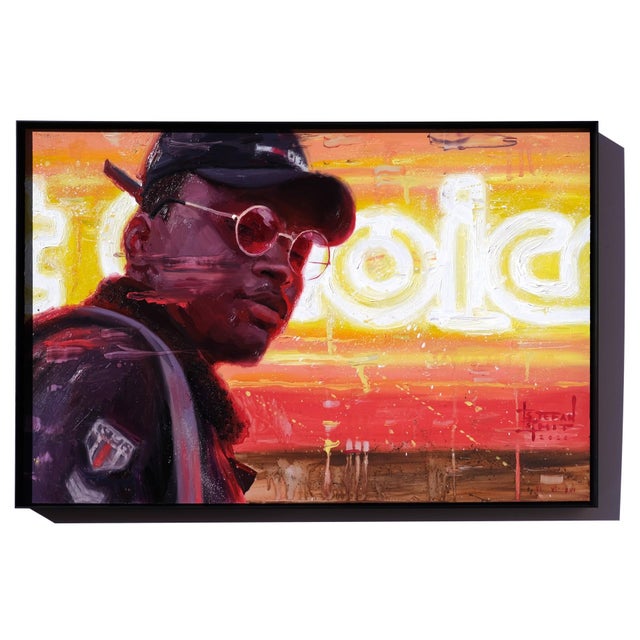 Neon Nights by Stefan Smit | Oil on panel Portrait of a person against a neon background. For Sale