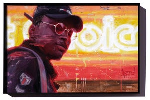 Neon Nights by Stefan Smit | Oil on panel Portrait of a person against a neon background.