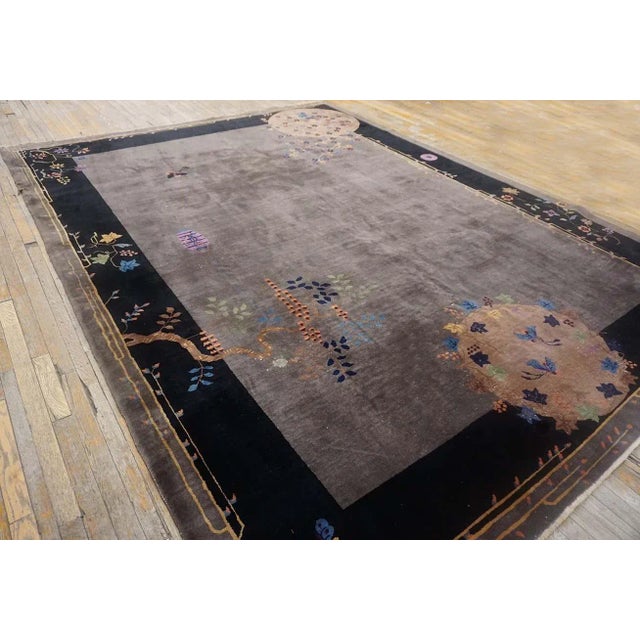 Art Deco 1920s Gray Floral Modernist Antique Chinese Art Deco Carpet 8'10" X 11'6" Handknotted Wool Rug For Sale - Image 3 of 10