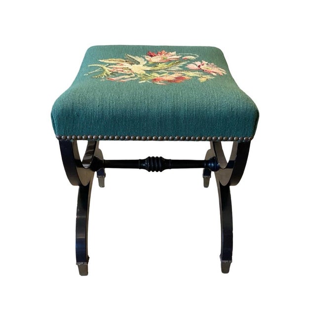 English Early 20th Century Regency Style Teal Needlepoint Bench With Brass Feet For Sale - Image 3 of 8