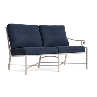 Brown Jordan Venetian Right Arm Loveseat, Dove frame with Fusion Neptune fabric For Sale