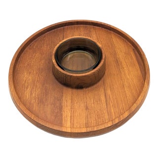 1960s Dansk Teak Wood Chip & Dip Tray and Glass Bowl For Sale