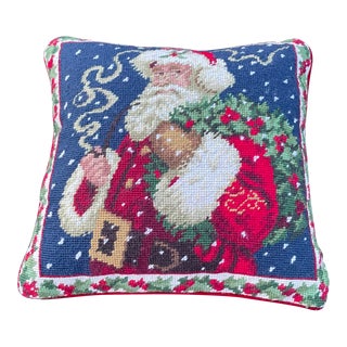 1980s Handcrafted Smoking Santa Needlepoint Pillow For Sale