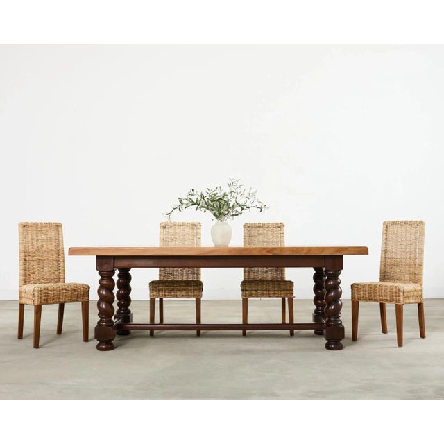 Exquisite large early 20th century country English farmhouse dining table featuring thick, chunky barley twist legs. The...