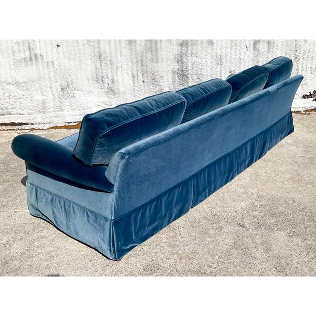 Vintage Regency Cerulean Velvet Down Long Sofa After Ferrell For Sale - Image 12 of 12