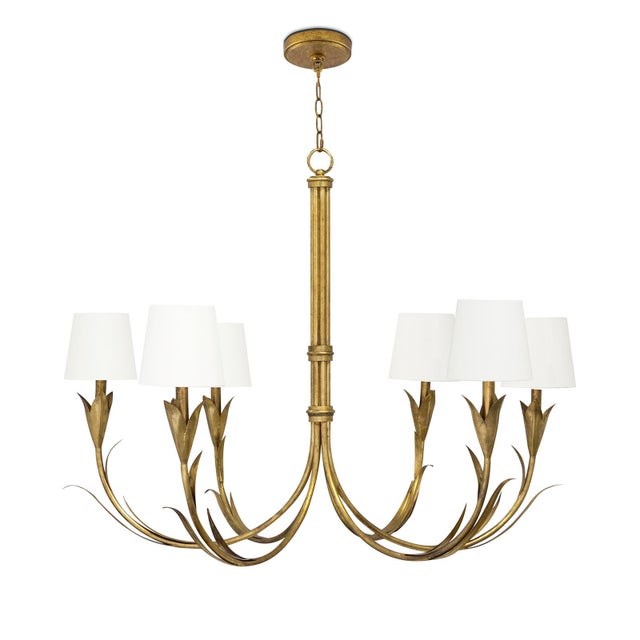 Modern River Reed Chandelier Small, Antique Gold Leaf with Natural Linen Shade For Sale - Image 3 of 3