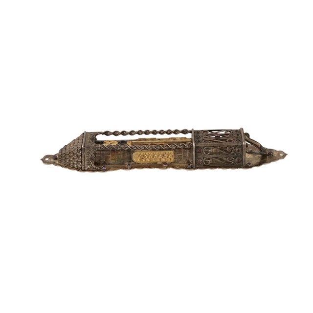 Traditional Large Palace Size Sterling Silver and Gold Mezuzah Case With Garnet and Amethyst For Sale - Image 3 of 4