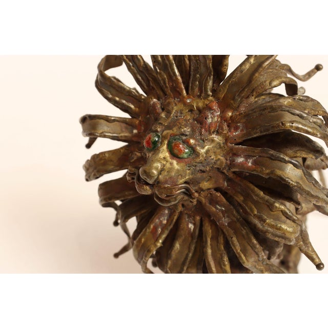Brass Vintage Brutalist Embossed Brass and Steel Lion Sculpture by Pal Kepenyes For Sale - Image 8 of 18