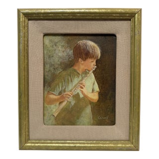 Helen Caswell Oil Painting Boy With Flute, Signed For Sale