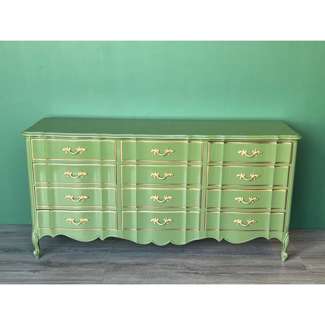 Green 1970s French Provincial Green Lacquered Dresser of Twelve Drawers For Sale - Image 8 of 18