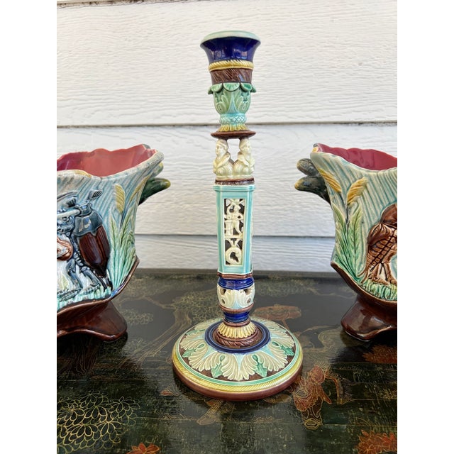 Victorian Antique English Wedgwood Majolica Candlestick Candle Holder Cinque Cento C1876 For Sale - Image 3 of 18