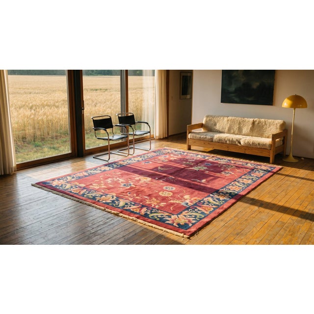 Dark Pink 1920s Pink Floral Modern Antique Chinese Art Deco Rug 9'0" X 11'6" Handknotted Wool Carpet For Sale - Image 8 of 9
