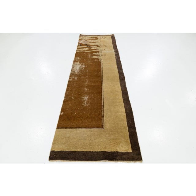 Antique Art Deco Chinese Nichols Style Runner – Hand-Knotted Wool, Earth Tones & Crane Motif For Sale - Image 4 of 9