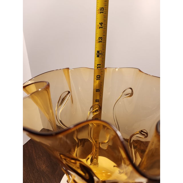 Vintage Mid Century Murano Amber Art Glass Ruffled Vase Applied Trail 15" For Sale In Dallas - Image 6 of 8