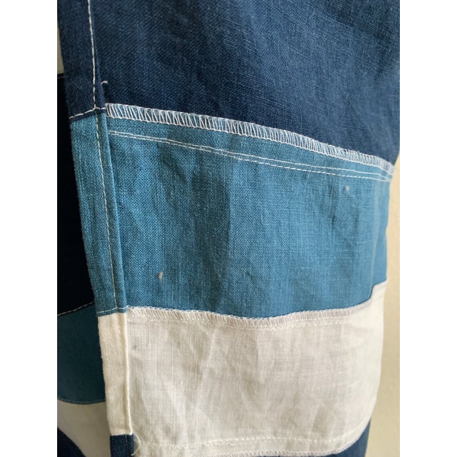 Patchwork Stripe Linen Window Panel — Natural Indigo Japanese Dyed For Sale - Image 9 of 12