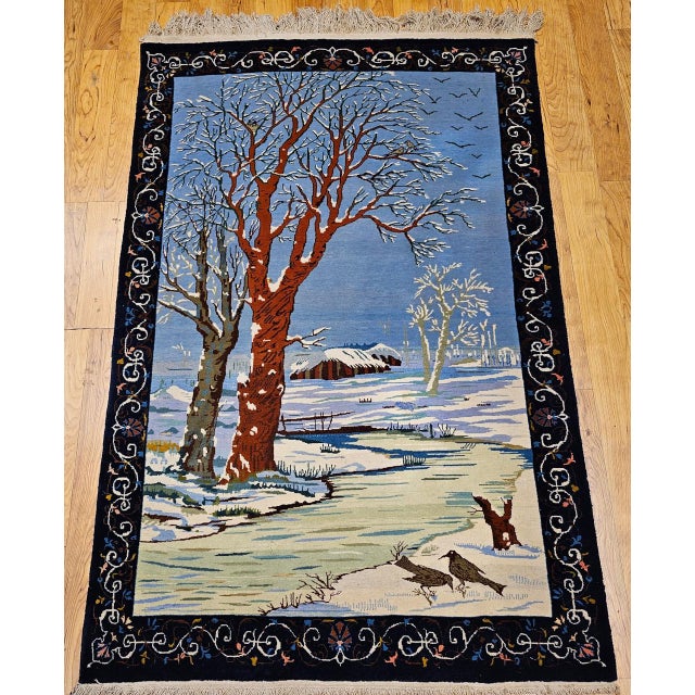 Blue Vintage Persian Tabriz Pictorial Rug, Hand-Knotted Wool, Winter Forest Scene, Blue & Ivory, 4x6 For Sale - Image 8 of 16