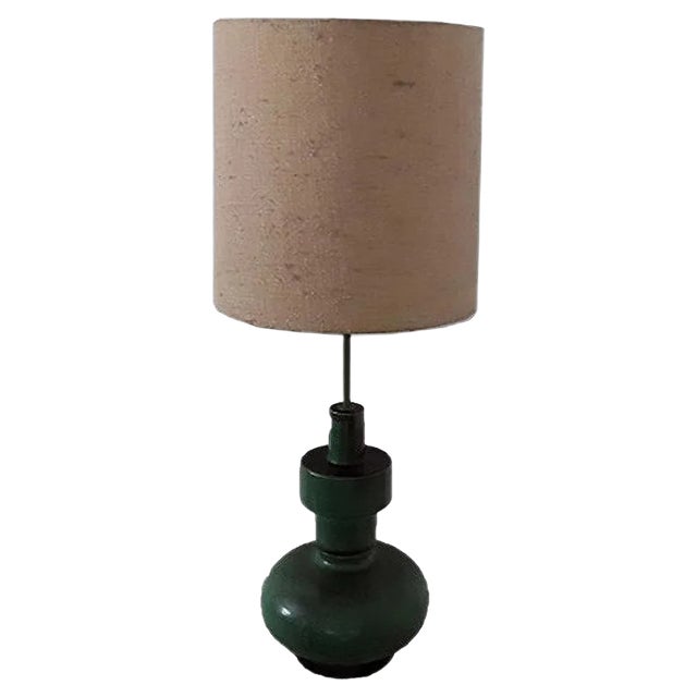 Large Ceramic Table Lamp with Wool Shade, 1970s For Sale